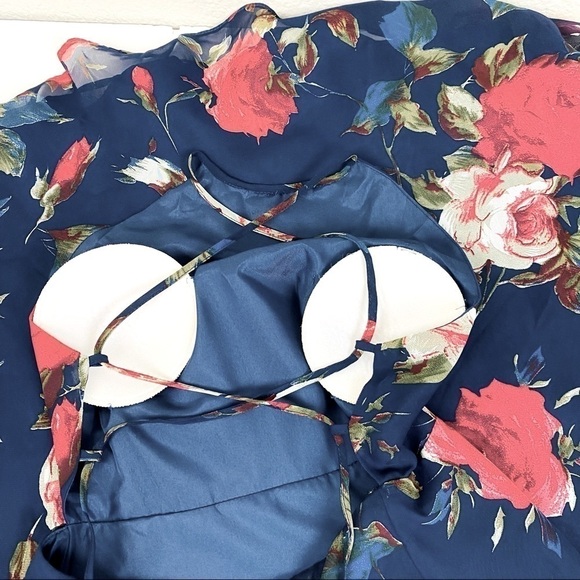 Lulu’s Aubree Navy Blue Floral Lace Up Maxi Dress Size S - Picture 9 of 14